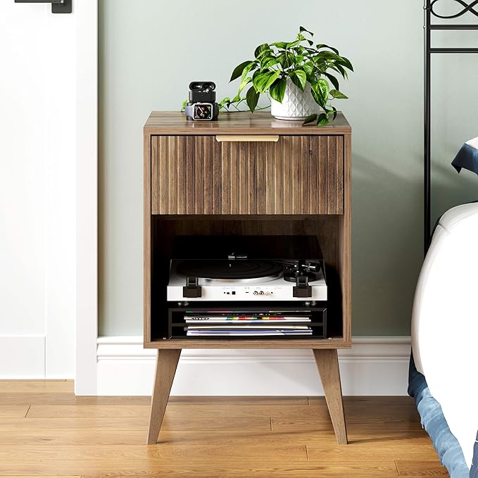 Fluted Night Stand with Opening Storage,Mid Century Bedside Table with Drawer,Wood Nightstand with Legs,End Table Side Table for Living Room,Bedroom,Caramel Oak 11.8"Dx15.7Wx 25.2"H CTG56BR