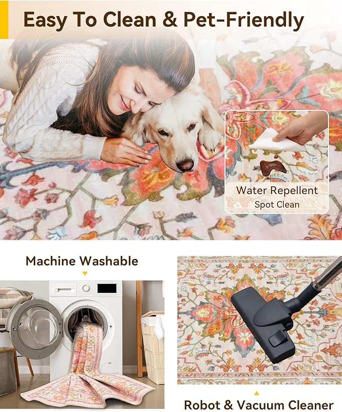 Area Rugs 2'x6' Washable Non-Slip, Floral Vintage Distress Print Pattern Medallion Carpet for Living Room Bedroom Dining Room, Light Pink Colorful