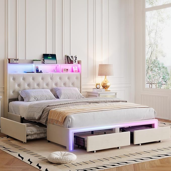 Queen LED Bed Frame with Storage Headboard & Charging Station, Velvet Fabric Platform Bed Frames with 4 Drawers, No Box Spring Needed, Button Tufted Upholstered, Beige