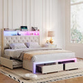 King LED Bed Frame with Storage Headboard & Charging Station, Velvet Fabric Platform Bed Frames with 4 Drawers, Button Tufted Upholstered, No Box Spring Needed, Beige