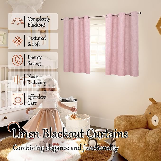 Baby Pink Linen Blackout Curtains for Nursery 40 Inch Length 2 Panels, Short Thermal Insulated Boho Total Black Out Noise Reducing Small Window Curtains for Girls Bedroom, Each 38 Inch Wide