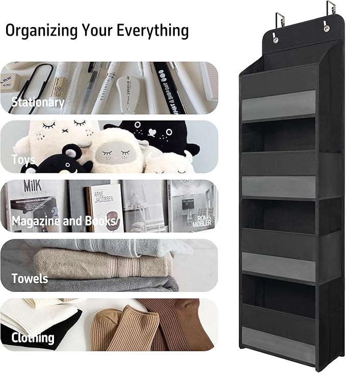 TYMENSH Over The Door Hanging Organizer with 4 Large Pockets – Closet, Bathroom, Nursery, Bedroom, Dorm Storage for Toys, Cosmetics, and Baby Essentials, Black