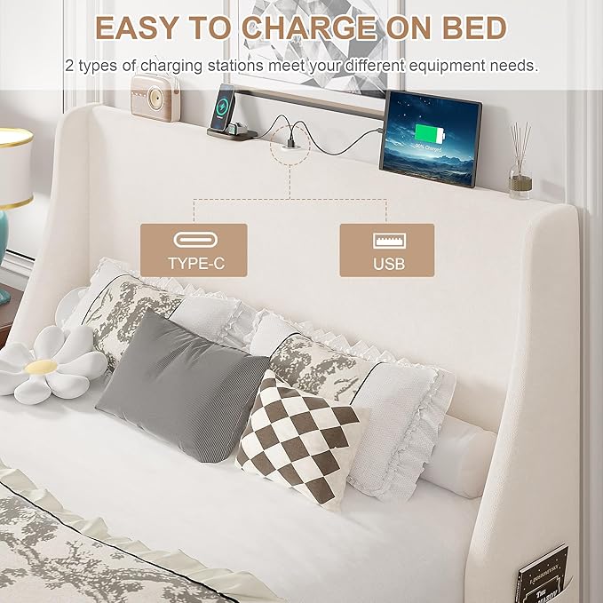 VECELO Queen Bed Frame with Upholstered Wingback Headboard, Heavy-Duty Platform Bedframe with Charging Station, Wooden Slats, No Box Spring Needed, Beige