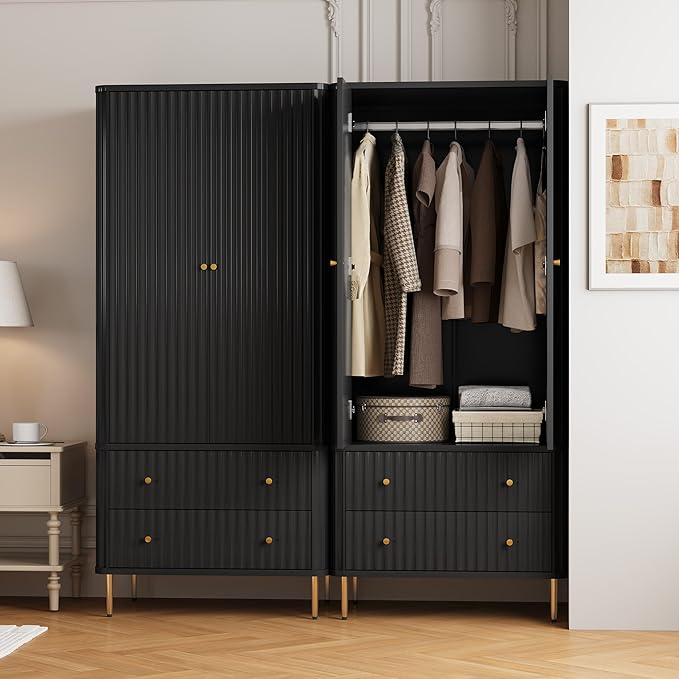 HLR 72" Modern Armoire Wardrobe Closet with Doors and Drawers, Bedroom Armoire Cabinet with Hanging Rod, Wooden Clothing Storage Cabinet Set of 2,Black