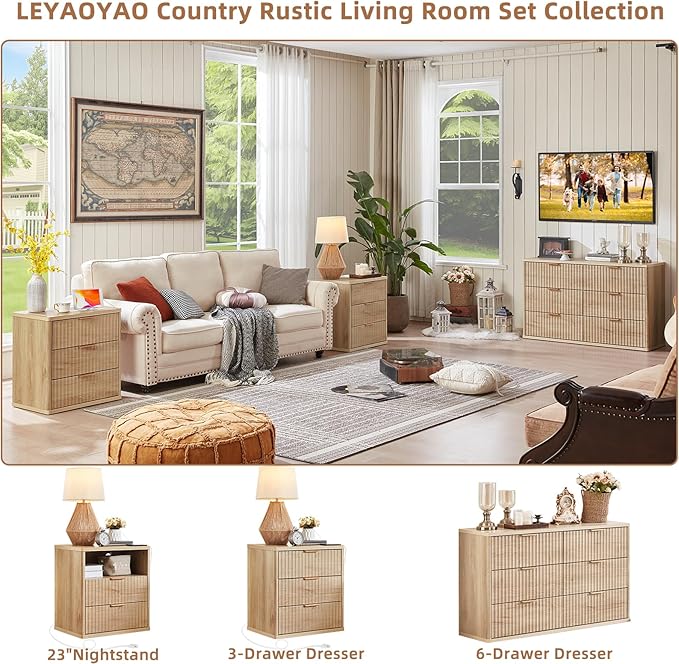 LEYAOYAO 48" Wide Fluted Dresser and 3 Drawers 23" Nightstand Set of 2, Wooden Dresser & Night Stand with Charging Station, 3 Piece Bedroom Furniture Set, Chest of Drawer for Living Room,Natural Wood