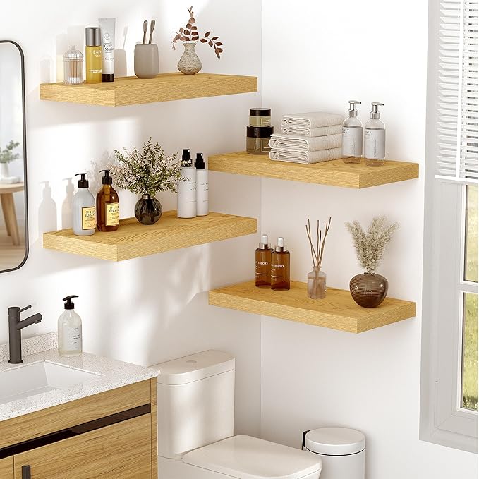 Vivelove 10" Deep Floating Shelves with Invisible Brackets, 55" Wall Shelves for Bathroom Bedroom Kitchen Living Room Laundry Room, Modern Rustic Shelves for Home Decor, 55"x10.2"x1.5", Set of 2, Oak
