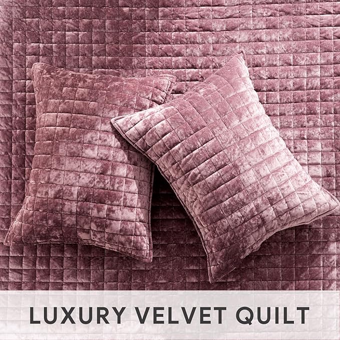 RECYCO Luxury Velvet Quilt Set Full Queen Size, Lightweight Velvet Comforter Set, Oversized Bedspread Coverlet Quilted Bedding Set, with 2 Matching Pillow Shams, for All Season, Dusty Mauve Pink