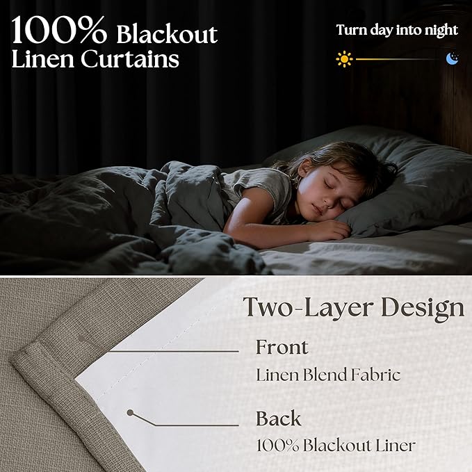 Taupe Gray Linen Blackout Pleated Curtains 90 Inches Long for Living Room Darkening Pinch Pleat 100% Black Out Drapes Thermal Insulated Soundproof Greyish Brown 90 Inch Curtain for Dining Bedroom