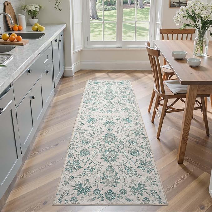 jinchan Torino Runner Rugs 2x5 Vintage-Inspired Floral Design Machine Washable Non-Slip Ultra-Thin Low Pile Rubber Backing Runner Rug for Kitchen Hallway Laundry Room Entryway
