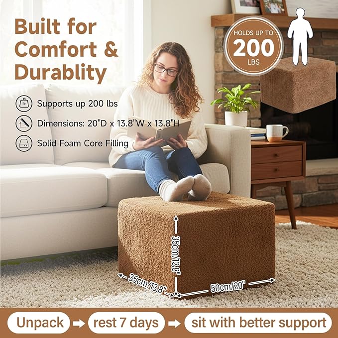 Tiita Pouf Ottoman and Foot Rest, Square Foam Stuffed Floor Pouf with Storag for Living Room, Brown