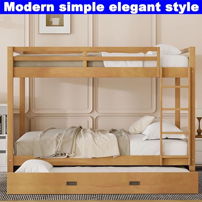 Upgraded Version Thicken Solid Wood Queen Over Queen Bunk Bed with Twin XL Size Trundle, Best Wooden Bunk Bed for Adults, Easy to Assemble (Wood Color with Trundle)