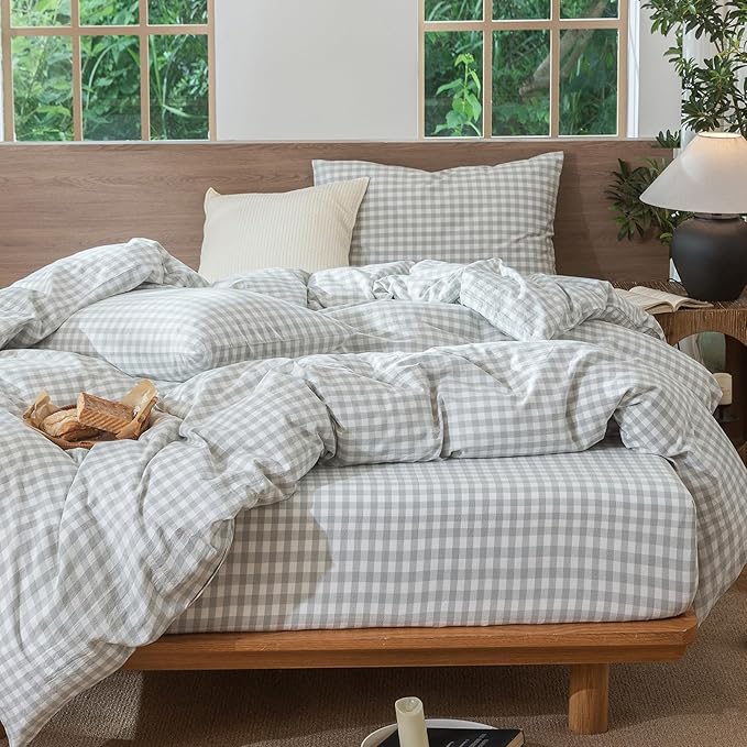 MooMee Gingham Duvet Cover Set 100% Washed Cotton Linen Like Textured Breathable Durable Soft Comfy Modern Checkered Design (Northern Droplet Grey Gingham, Super King 108"x98")