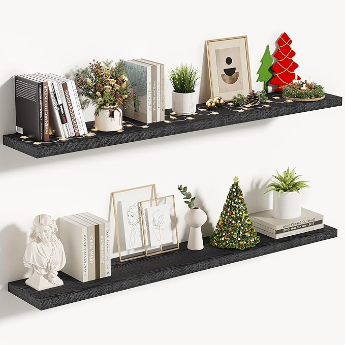 Vivelove 48 Inches Floating Shelves Wall Mounted, 10" Deep Wall Shelves for Bedroom, Bathroom, Living Room, Kitchen, Office, Home Decor, Modern Shelf, Set of 2, Black, 48x10.2x1.5