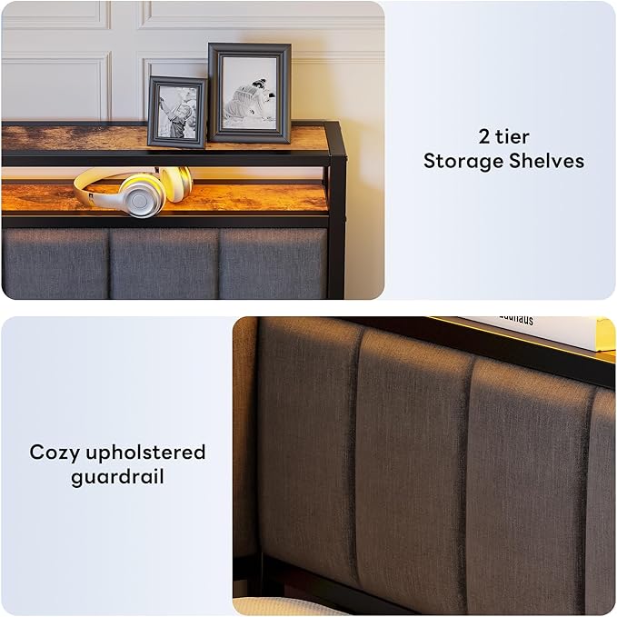 LIKIMIO Corner Twin Bed Frame with Trundle, Upholstered Storage Headboard & LED Lights, Twin Size Daybed with Charging Station, Sturdy Platform Metal Frame for Living Room, Bedroom, Guest Room, Gray