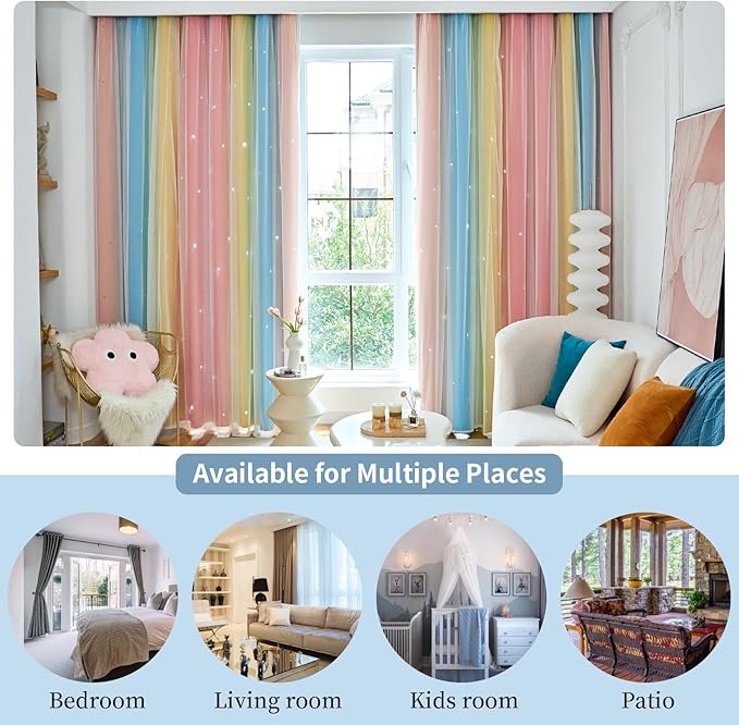Star Curtains Blackout Curtains for Bedroom Cute Curtains Kids Curtains Rainbow Curtains, Curtains 108 Inches Long 2 Panels, Red & Yellow & Blue Curtains, 42 X 108 Inches