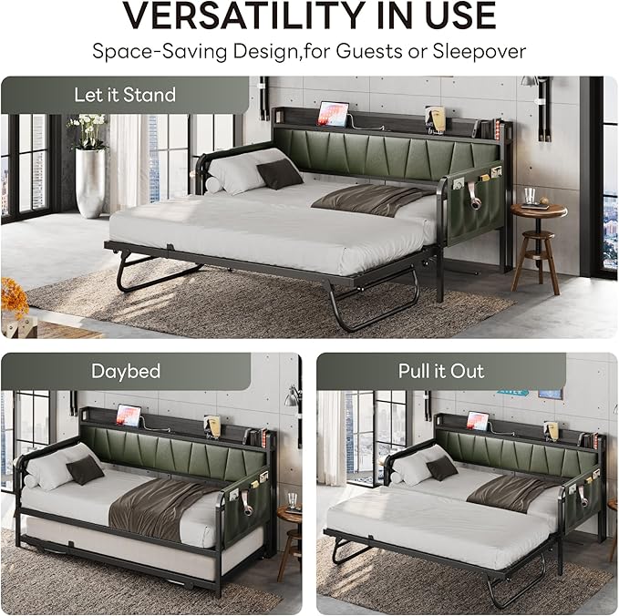 LIKIMIO Daybed with Trundle Bed, Twin Bed Frame with Storage Headboard and Charging Station, Sofa Day Bed with Strong Supports for Living Room, Bedroom, and Guest Room, Dark Green