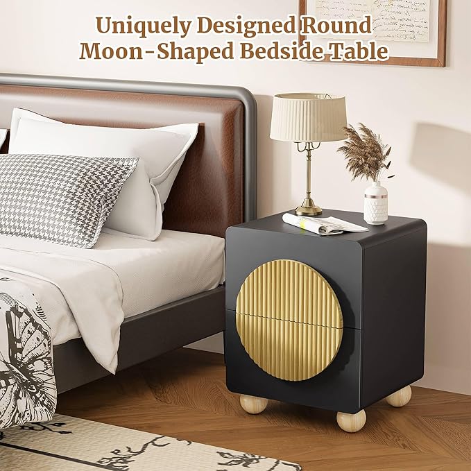 23" Black Nightstand with Solid Wood Legs Set of 2, Modern Style Fluted Bedside Table with Round Moon Handle & Storage, Mid Century Night Stand for Bedroom, Side Table, End Table