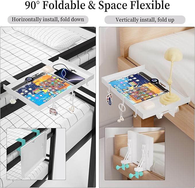 Foldable Bedside Shelf, Metal Clip-On Bed Tray Table for Bunk Bed & Dorm Beds, Dorm Room Essentials Organizer for College Students, Floating Tray, Space Saving Nightstand for Loft Beds (White, Large)
