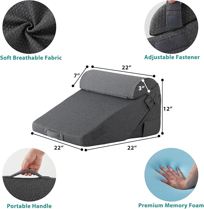 Bedluxe 3Pcs Orthopedic Bed Wedge Pillow Set, Foam Wedge Pillow Post Surgery for Back, Leg and Knee Support, Adjustable 9&12 Inch Folding Triangle Pillow for Sleeping, Acid Reflux, Snoring, Dark Grey