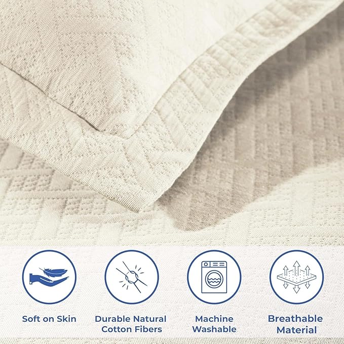 Superior 100% Cotton Basket Weave Bedspread with Shams, All-Season Premium Cotton Matelasse Jacquard Bedding, Quilted-Look Geometric Basket, Full, Ivory
