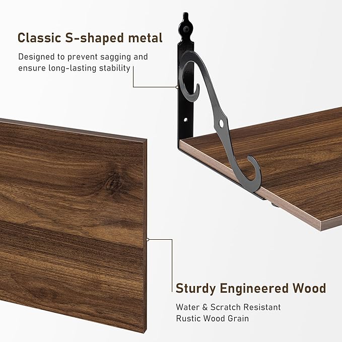 Dreamland Deep Floating Shelves, 24" W x 12" D Wall Shelves Set of 2, Wide Display Shelf Wall Mounted with Brackets, Bookshelf for Living Room, Bathroom, Bedroom, Walnut