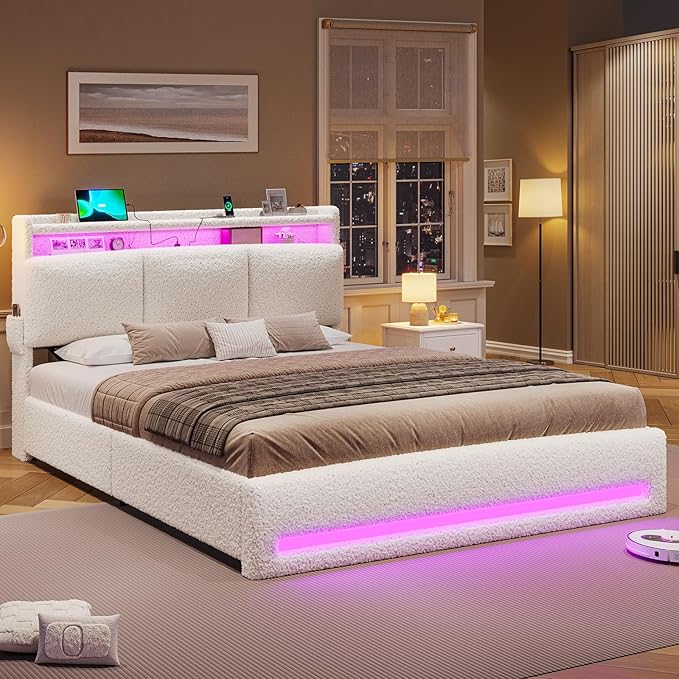 VIAGDO Queen Bed Frame with Storage Headboard and Charging Station, Boucle Upholstered Bed Frame Queen Size with 4 Drawers and LED Lights, Type C and USB, No Box Spring Needed, Cream White