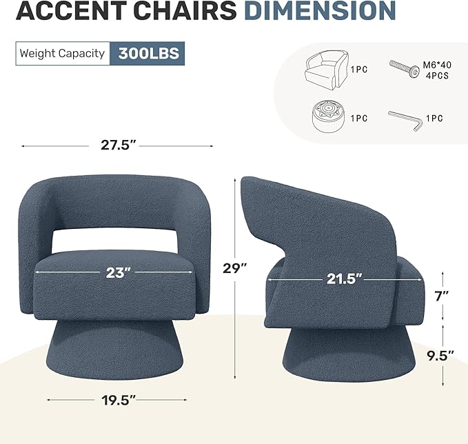 Swivel Accent Chair, Modern Comfy Teddy Barrel Chairs, Oversized Upholstered Round Arm Chair for Living Room, Bedroom, Reading Room, Blue, 1 PCS