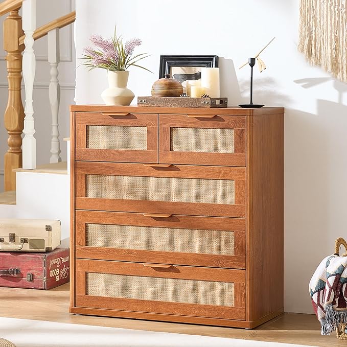 LEYAOYAO Rattan Dresser for Bedroom Set of 2, 33.5" Tall Chest of Drawers, Modern 5 Drawers Boho Dressers with Storage, Vintage Brown Dresser Wooden Closet Organizer for Living Room, Hallway