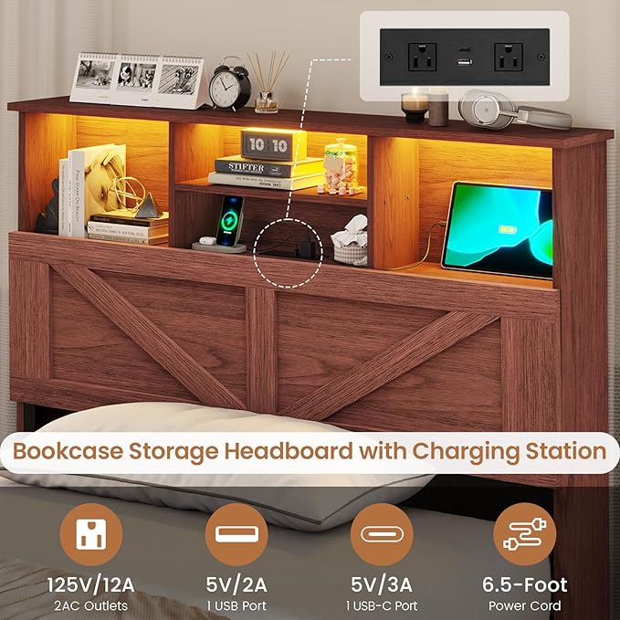 VIAGDO Farmhouse Bed Frame Twin Size with Bookcase Storage Headboard, Charging Station and LED Lights, Wooden Twin Bed Frames with 4 Drawers, Barn Door Design, No Box Spring Needed, Reddish Brown