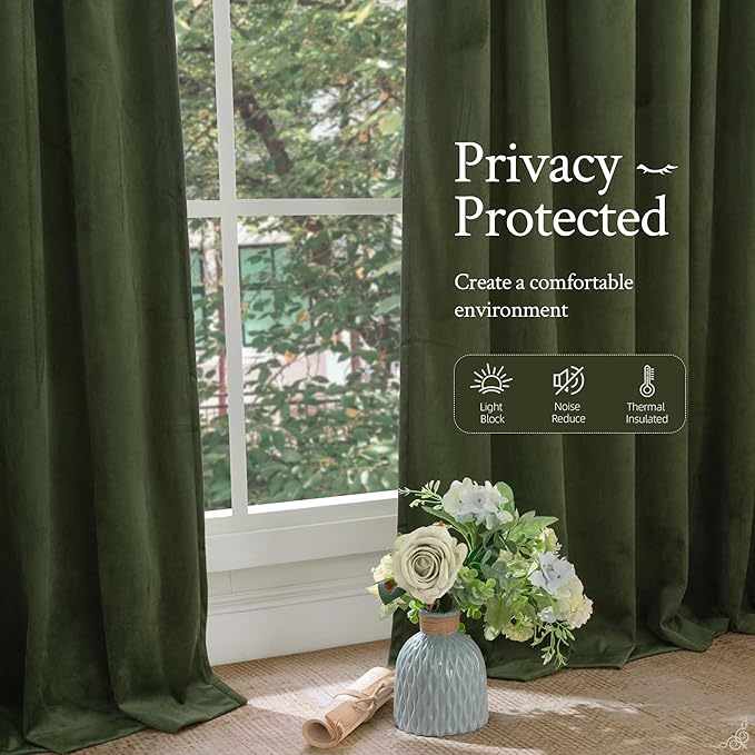 LAMIT Olive Green Velvet Curtains 80 Inch for Living Room, Thick Blackout Thermal Insulated Panels Room Darkening Country Decor Back Tab and Rod Pocket Drapes for Bedroom, 2 Panels, 52 x 80 Inch