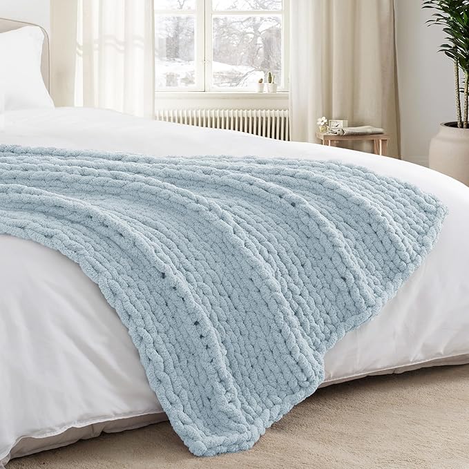 Chunky Knit Throw Blanket 60"X 80", 100% Handmade with Soft Chenille Yarn, 6.7lbs Thick Cable Knitted Blankets, Large Rope Knot Crochet Throws for Couch Sofa Bed Home Decor, Baby Blue