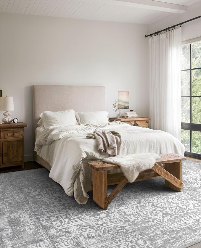 vivorug 6x9 Neutral Area Rugs, Stain Resistant Washable Rug for Living Room, Vintage-Inspired (Ivory/Silver, 6'x9')