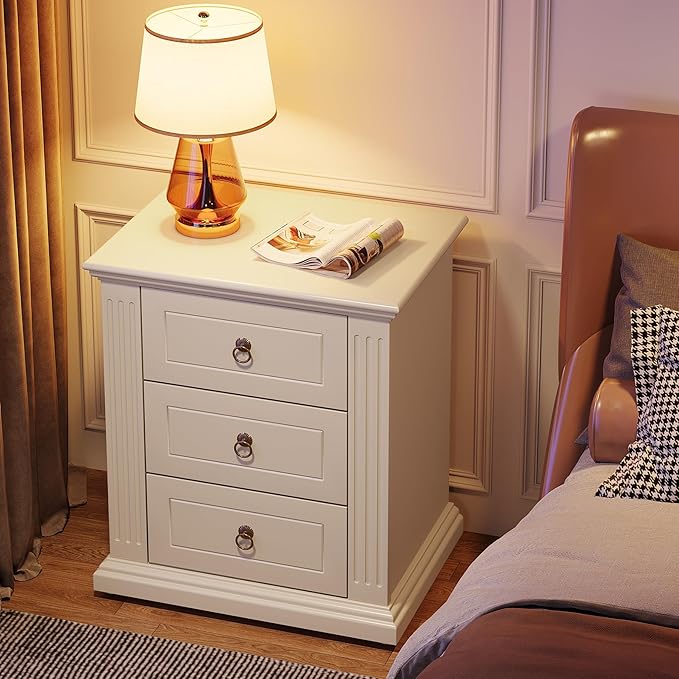 Tribesigns 3-Drawer Nightstand Set of 2, Modern Bedside Table with Storage Drawers, Wood Night Stand Side End Table for Bedroom, Beige