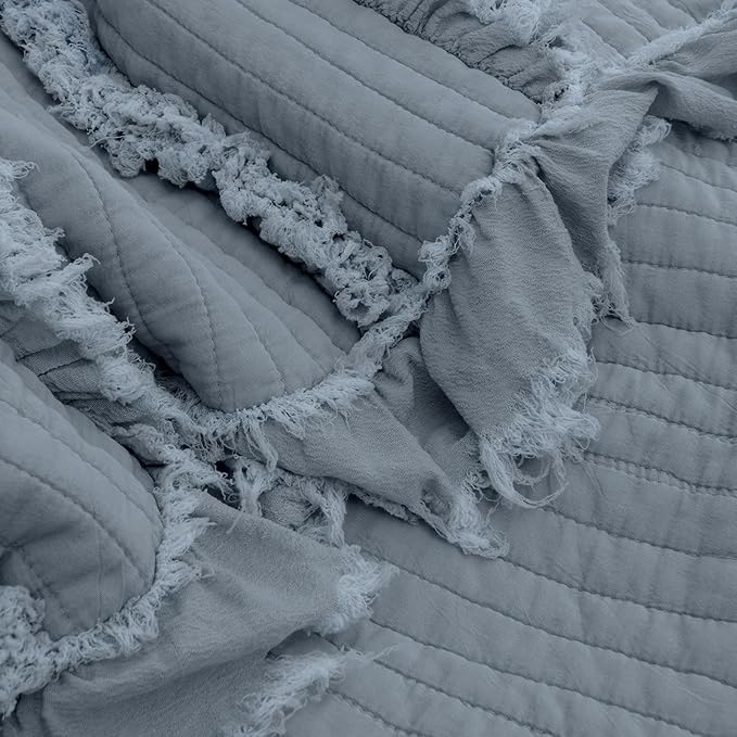 Ultra Soft Pre-Washed Quilted Boho Dark Blue King Size Blankets for Bed, Ruffle Fringed Decorative Throw, Stone Washed Chic Rustic Blanket for Sofa Couch Bed, 104"*90"