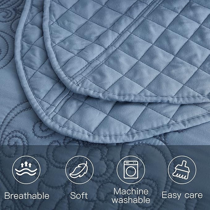 CHIXIN Oversized King Bedspread 128x120 Extra Wide - Lightweight Bedding Cover - Beautiful Stitching - 5 Piece Reversible Bedspread - Luxury Damask Paisley Pattern (King/Cal King, Ashley Blue)