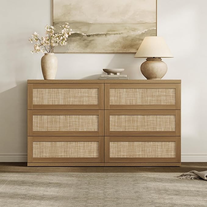 SICOTAS Dresser for Bedroom - 31" Tall Rattan Dresser with 3 Drawers Boho Dressers & Chests of Drawers Dressers for Bedroom Deep Bedside Table Clothes Closet Storage for Closet Hallway Entryway