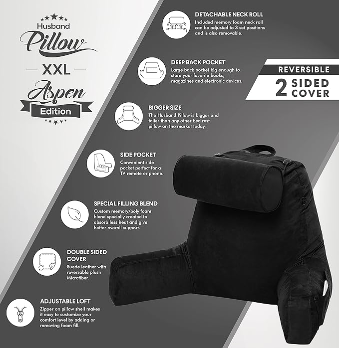 Husband Pillow XXL Aspen Edition, Adult Reading Sit Up Bed Rest Pillow for Bed with Arms & Neck Roll on Bungee Cord - Premium Memory Foam - Reversible 2 Sided Cover Micro Suede or Plush, Stable Black