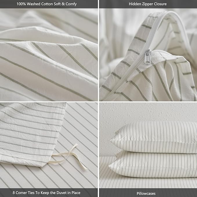 MooMee Striped Duvet Cover Set 100% Washed Cotton Linen Like Textured Breathable Durable Soft Comfy (White Sage Green Wide Stripes, Cal King 104"x98")