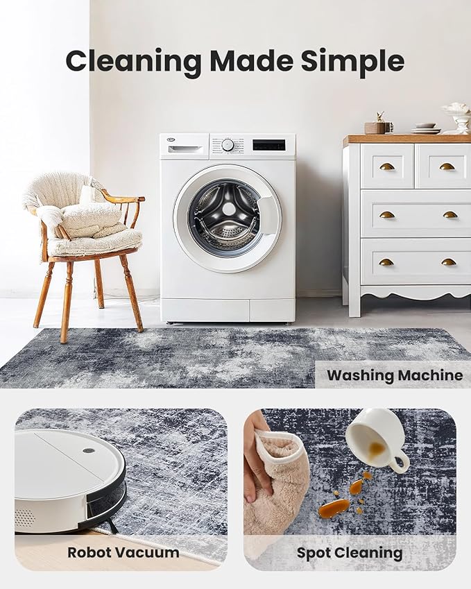 6x9 Area Rugs for Living Room, Modern Abstract Washable Rug with Non-Slip Backing & Low Pile Indoor Carpet for Nursery Room, Bedroom and Dinning Room, Grey