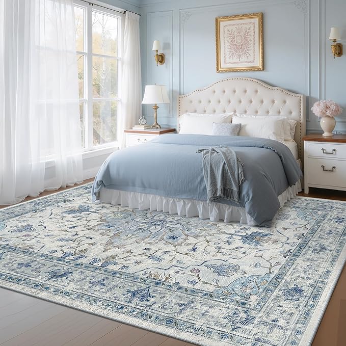 Area Rugs 7'x9' Washable Non-Slip, Floral Vintage Distress Print Pattern Medallion Carpet for Living Room Bedroom Dining Room, Light Blue Navy Beige Gray White