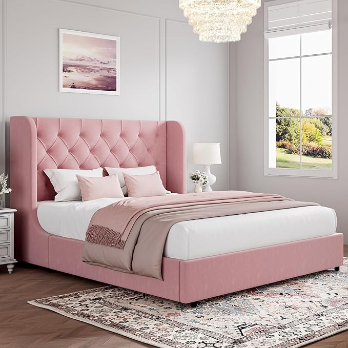 Full Bed Frame, Pink Velvet Upholstered Bed Frame Full with Headboard and Wide Wingback, Sturdy Wooden Slats Support, No Box Spring Required, Noise Free, Easy Assembly, Pink