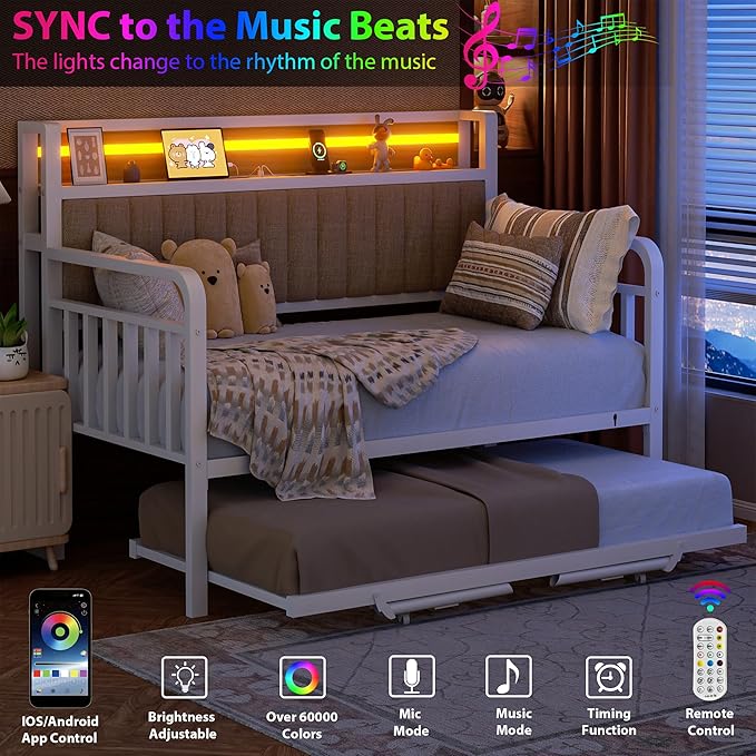 Daybed with Trundle and LED Light, Heavy Duty Metal Twin Bed Frame with Upholstered Storage Headboard & Charging Station, Day Bed Pop Up Trundle Bed Twin for Living Room,Bedroom and Guest Room, White