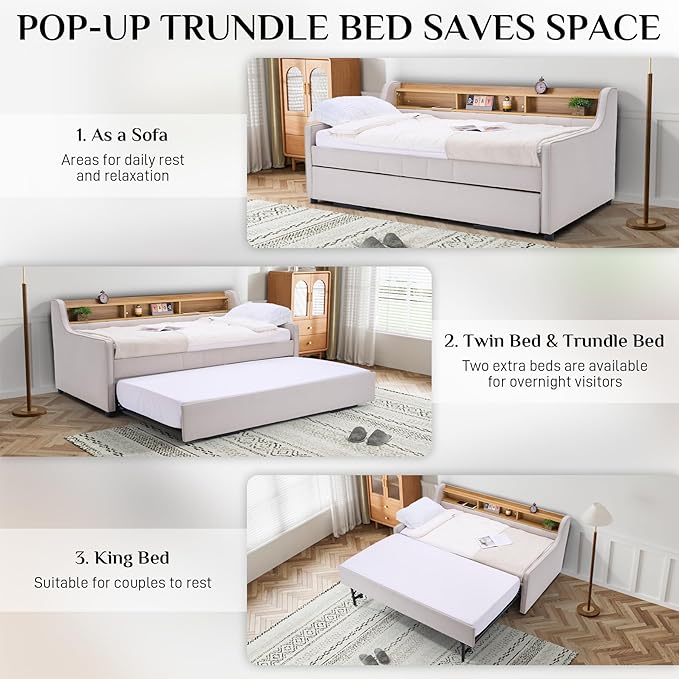 Twin Size Daybed with Pop Up Trundle Bed, Linen Fabric Upholstered Day Bed Frame with w/LED/USB/Type C/Storage Headboard, Twin to King Daybed for Living Room Bedroom, No Box Spring Needed, Beige