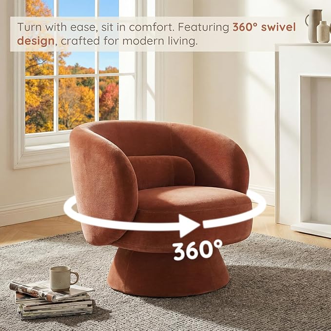 Swivel Accent Chair, Modern 360 Degree Swivel Barrel Chair with Arms & Curved Back and Lumbar Support Cushion, Comfy Round Single Sofa for Small Space, Living Room, Bedroom, Dark Rust Rayon