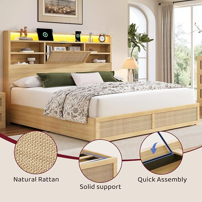 King Size Rattan Bed Frame with 4 Storage Drawers and Hidden Storage Headboard Wooden Platform Bed Frame with LED Lights and Charging Station, No Box Spring Needed, Easy Assembly, Natural