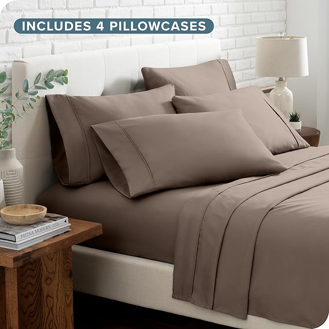 Bare Home Hotel Luxury King Sheet Set, Extra Soft - 6 Piece Set - Deep Pockets - Easy Fit - Cooling & Breathable - Wrinkle, Fade, Stain Resistant - Includes 4 Pillowcases (King, Taupe)