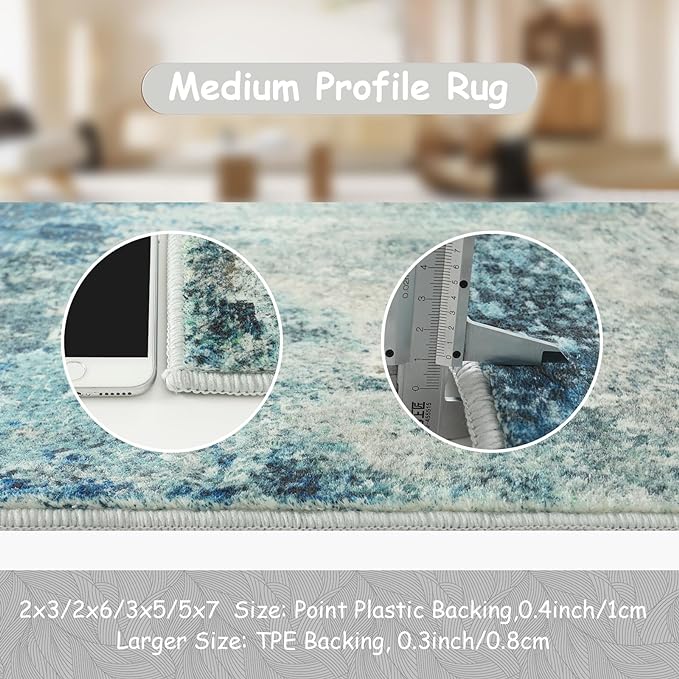 Lahome Modern Abstract Area Rugs 3x5 Washable Rug, Throw Rugs for Entryway Low Pile Anti Slip, Stain Resistance Accent Carpet for Bedroom Kitchen Bathroom Laundry Front Door, Blue/Grey