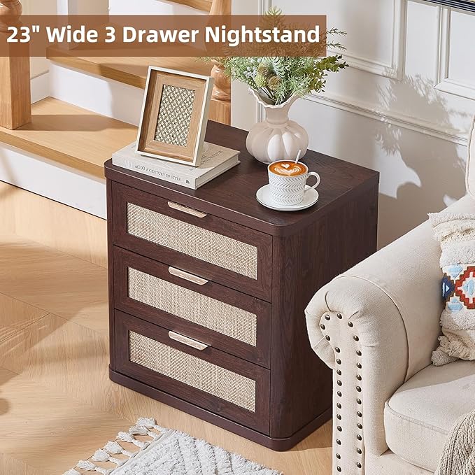 LEYAOYAO Rattan Night Stand with Drawers, 23" Large 3 Drawer Boho Nightstand, Walnut Bedside Table Storage Cabinet, Bed Side End Tables Dresser for Bedroom, Living Room, Hallway, Closet