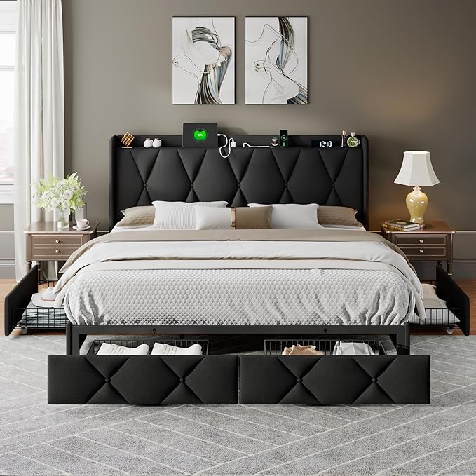 Feonase King Size Bed Frame with 4 Storage Drawers, Upholstered Platform Bed with Charging Station, Wingback Storage Headboard, Wooden Slats Support, No Box Spring Needed, Easy-Assembly, Black