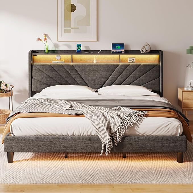 Rolanstar King Size Bed Frame, Storage Headboard with Charging Station and LED Lights, Upholstered Bed with Heavy Duty Wood Slats, No Box Spring Needed, Noise Free, Easy Assembly, Dark Grey